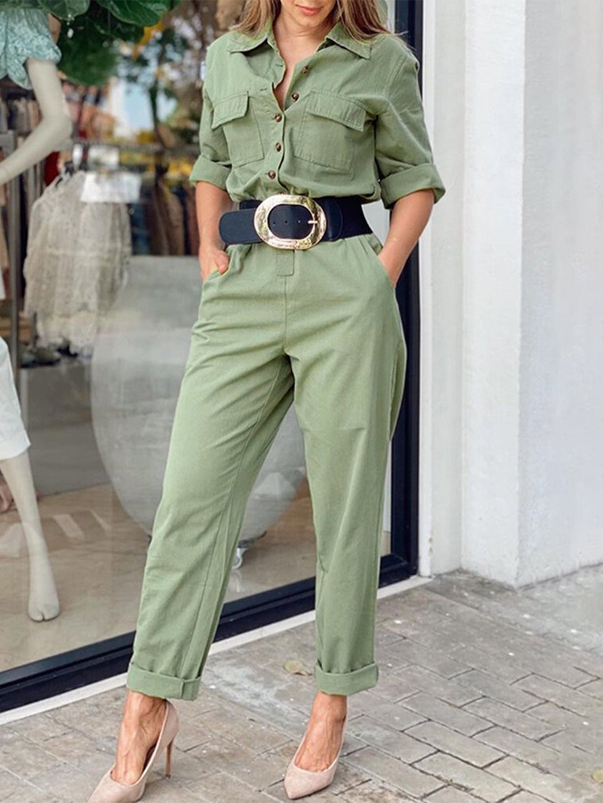 Casual Plain Autumn Natural Micro-Elasticity Standard Shawl Collar H-Line Regular Jumpsuit & Romper for Women CM41