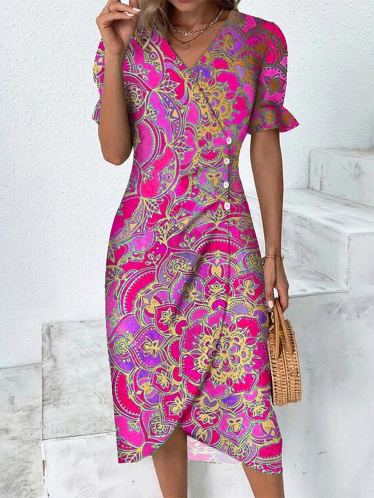 Ethnic Flounce Sleeve Wrap Hem Dress QU77