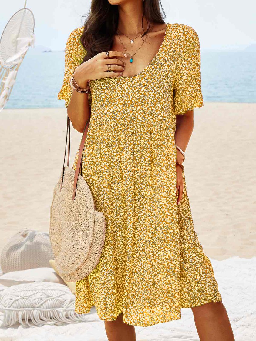 Women Floral Printed Short Sleeve Vintage Boho Weaving Tunic Dress NNq28