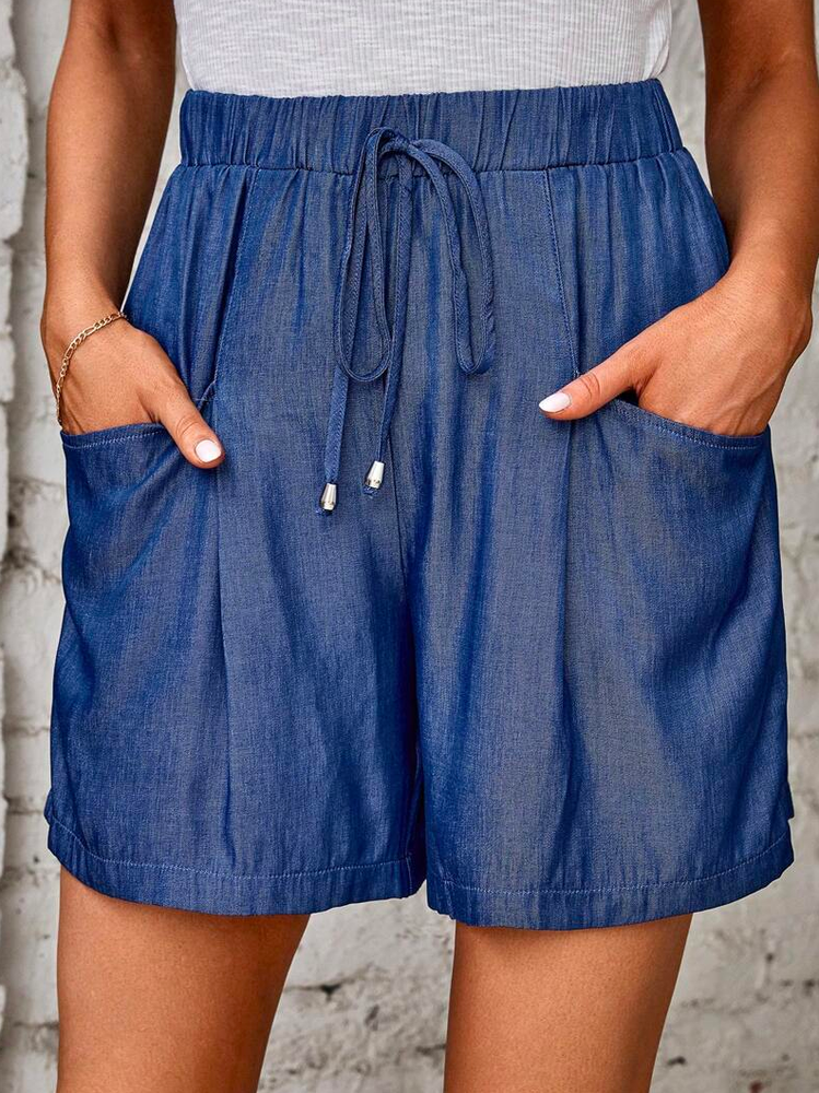 Short décontracté uni bleu denim avec nœud sur le devant et double poche WX102
