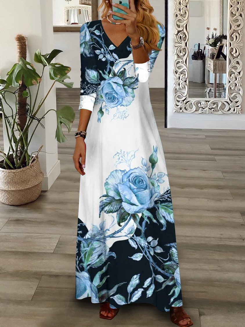 Robe longue à fleurs pour femme, col en V, rose, vert, bleu, jaune, décontractée, AT1004