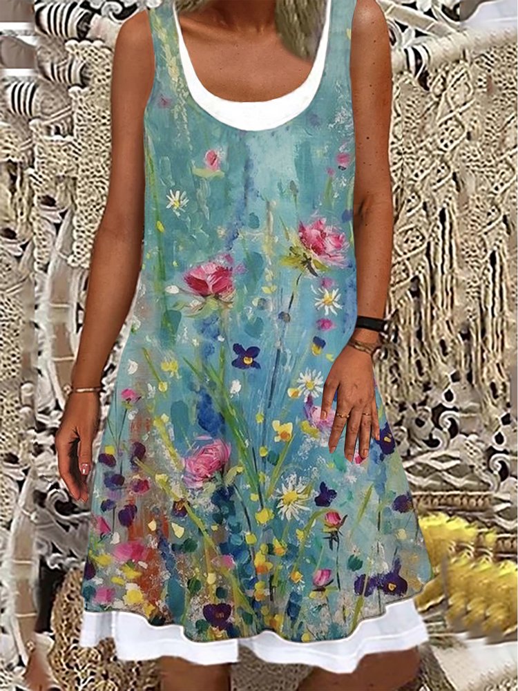 Cotton Casual Floral Short Sleeve Knitting Dress QPQ114