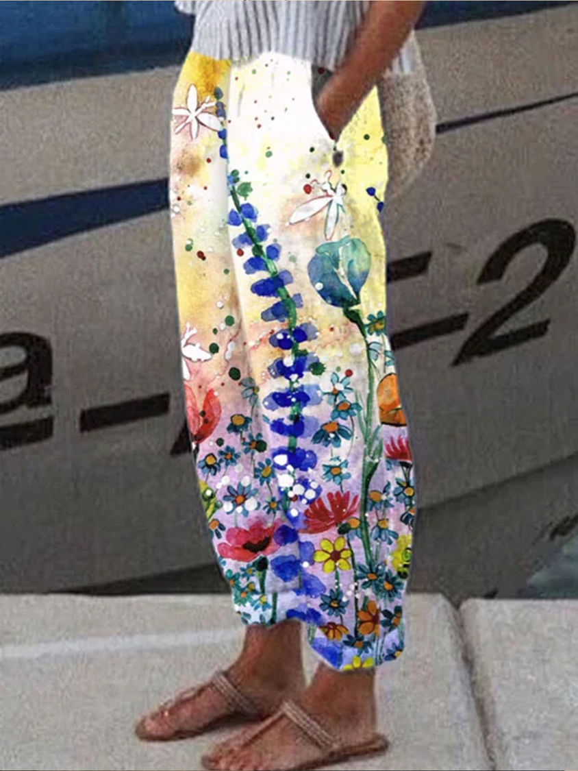 Pantalon large à imprimé floral vintage pour femme RR15
