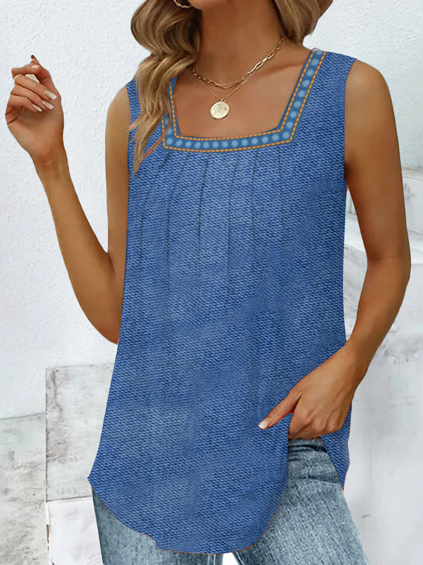 Casual Loose Jersey Square Neck Denim Blue Tank Top UU48