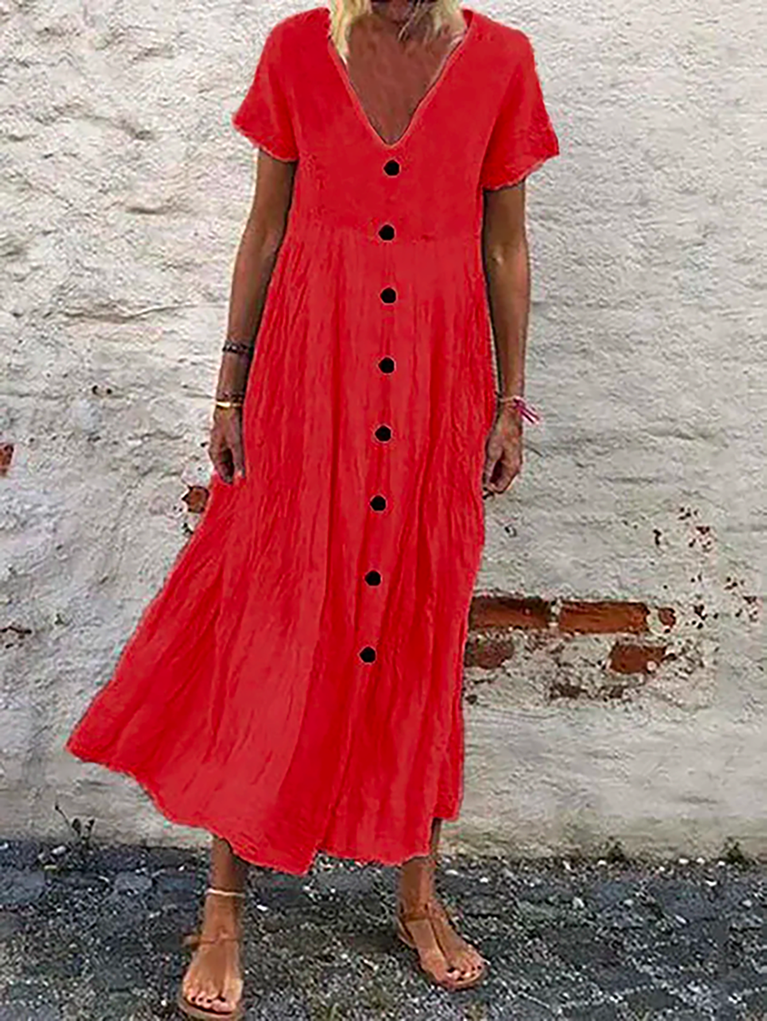 Cotton Plain V Neck Casual Boho Dress NNq2