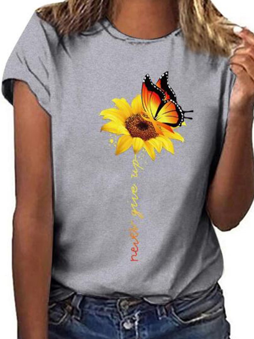 Printed Round Neck Cotton-Blend Short Sleeve shirt & Top MMq49