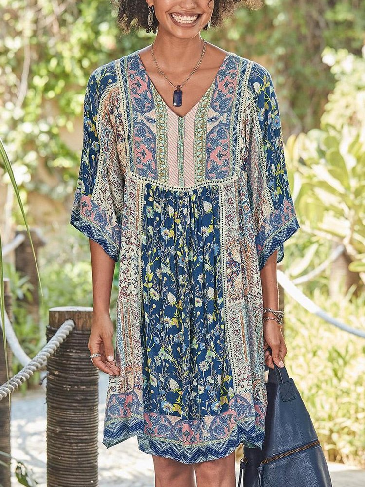 Half Sleeve Casual Cotton-Blend V Neck Weaving Dress QU103