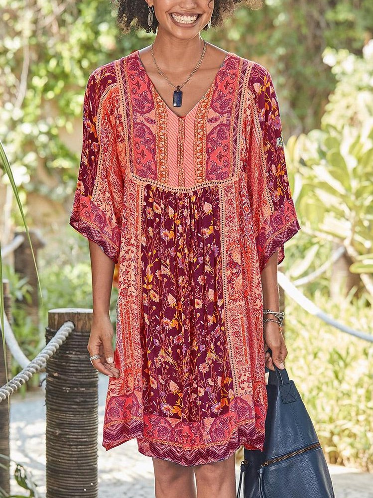 Half Sleeve Casual Cotton-Blend V Neck Weaving Dress QU103