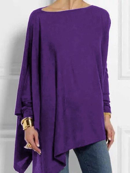 Navy Blue Round Neck Long Sleeve Cotton-Blend T-shirt Tunics ap95