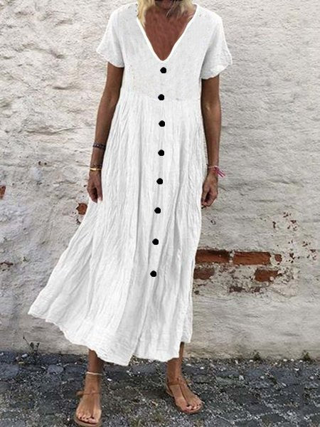 Cotton Plain V Neck Casual Boho Dress NNq2