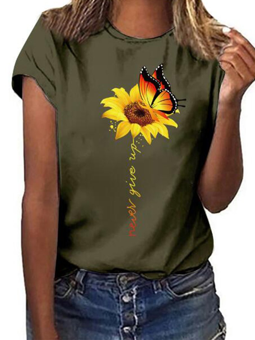 Printed Round Neck Cotton-Blend Short Sleeve shirt & Top MMq49