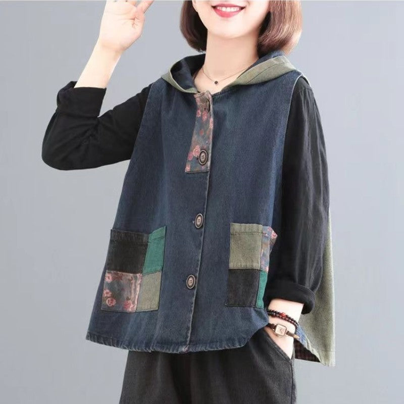 Plus Size Women Patchwork Hooded Vest Coat