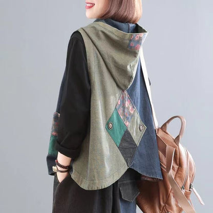 Plus Size Women Patchwork Hooded Vest Coat