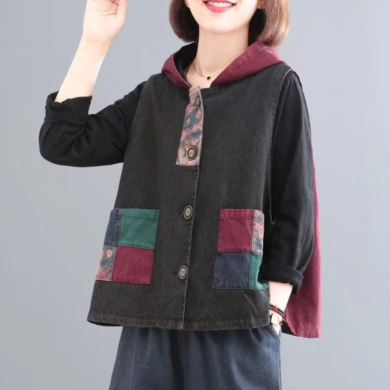 Plus Size Women Patchwork Hooded Vest Coat