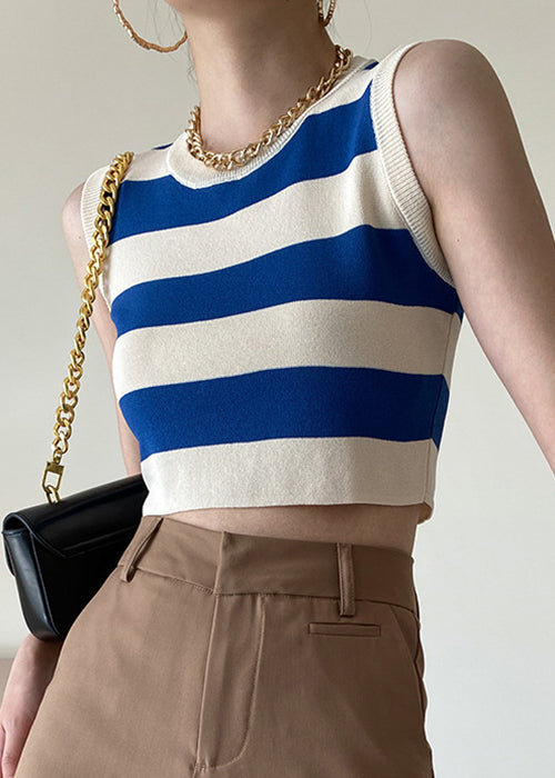 Stylish Blue O Neck Striped Knit Tank Sleeveless AF1049