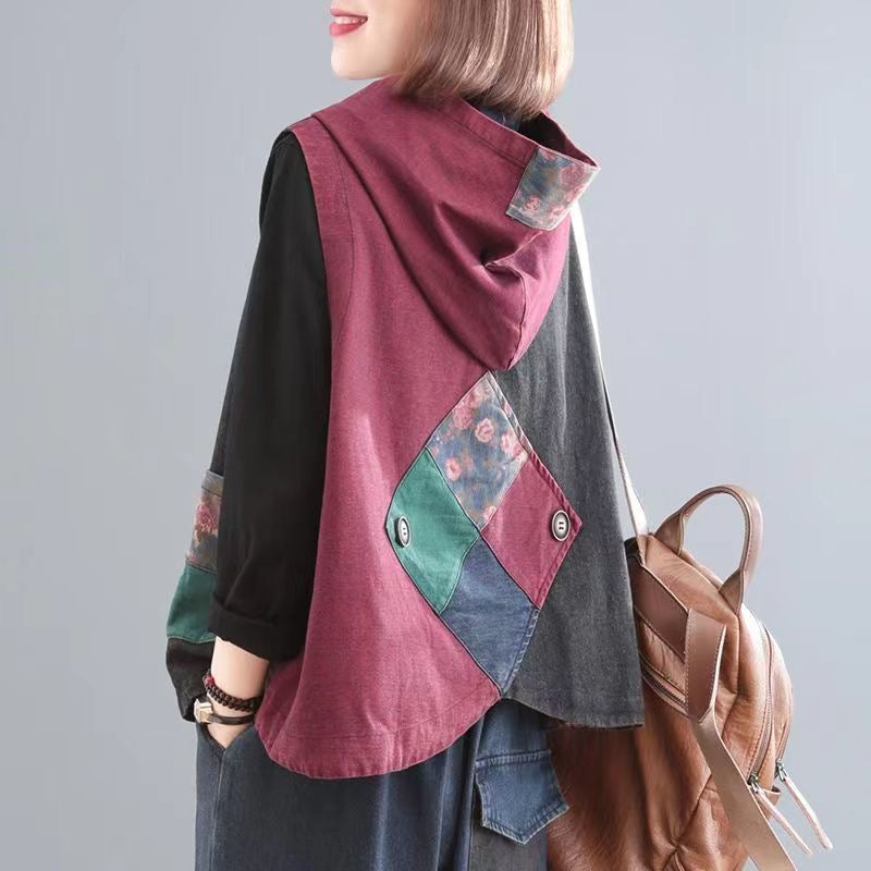 Plus Size Women Patchwork Hooded Vest Coat