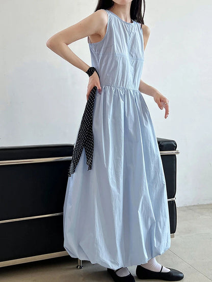 Patchwork-Kleid mit O-Ausschnitt, schlicht, ärmellos, blau, Puffsaum 
