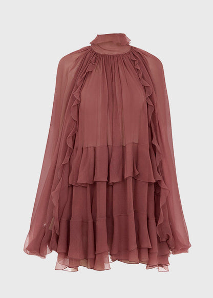 Haut patchwork en mousseline de soie, chemise à volants rouge brique à la française 