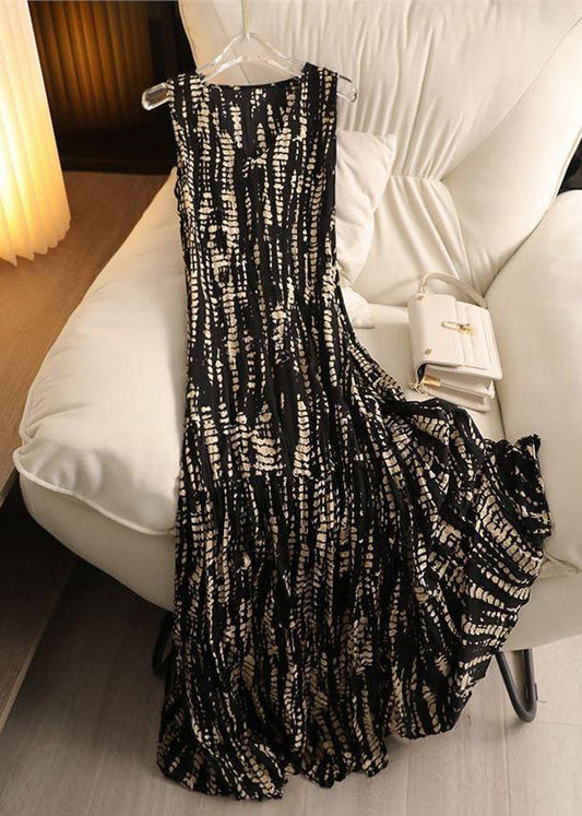 Elegant Black V Neck Wrinkled Cotton Long Dress Sleeveless QP058