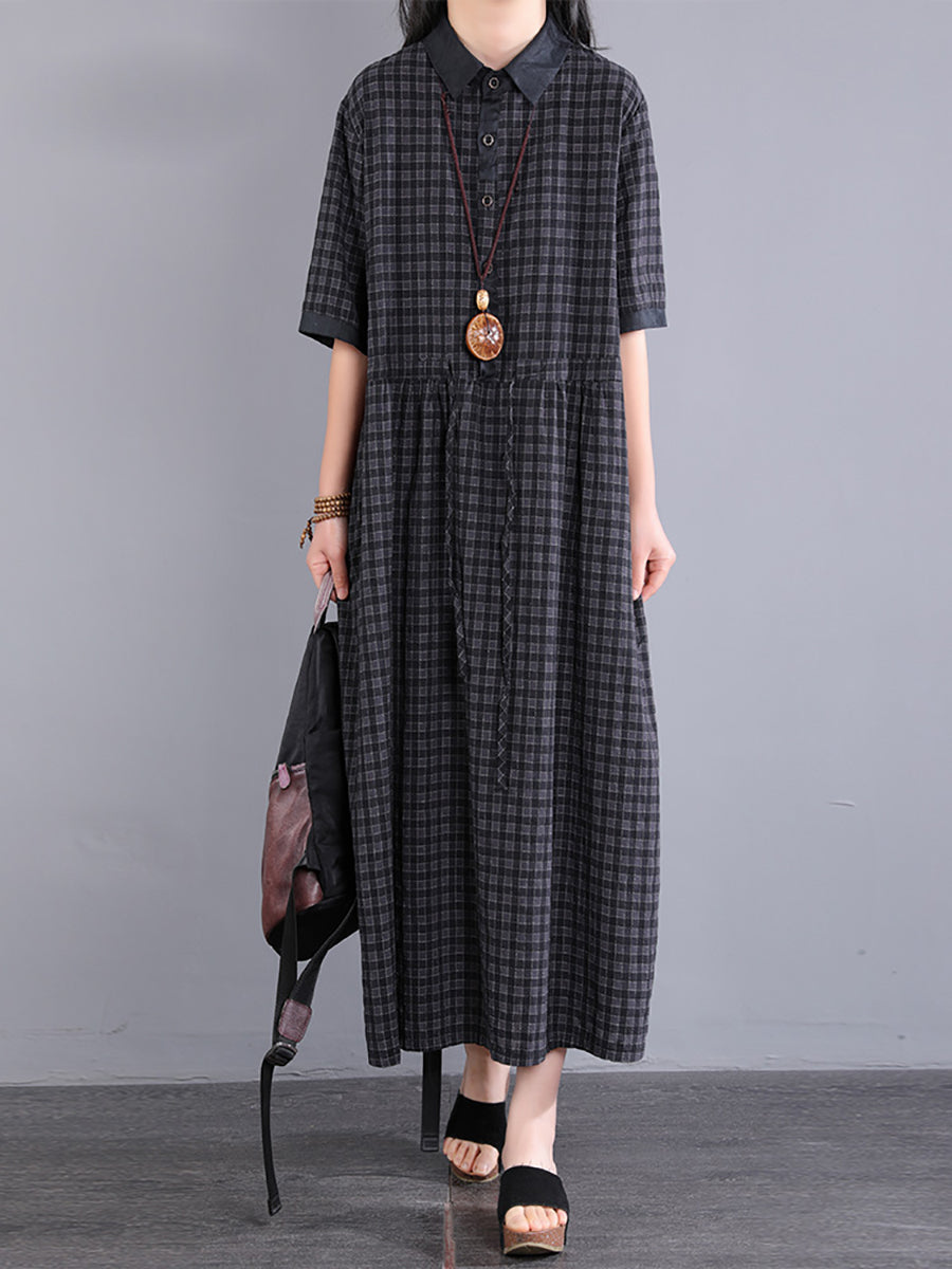 Plus Size Women Artsy Plaid Cotton Linen Dress KL1021