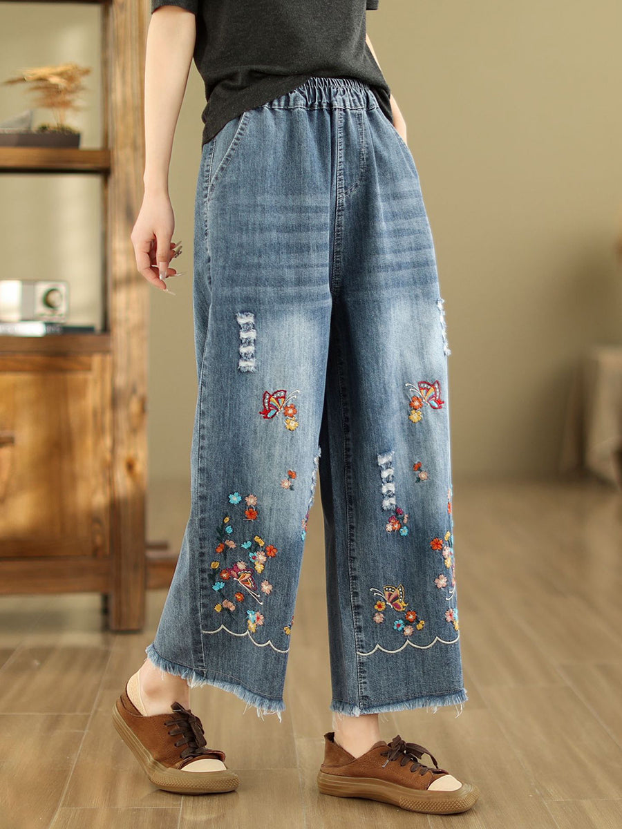 Frauen Sommer Retro Stickerei Ausgefranste Gerade Denim Hosen AS1042