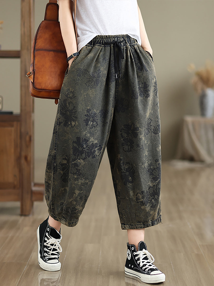 Women Summer Retro Flower  Denim Loose Pants II1003