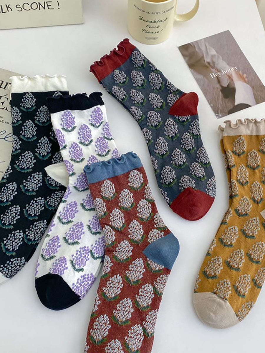 5 Pairs Women Artsy Foral Embroidery Colorblock Cotton Socks AV1043