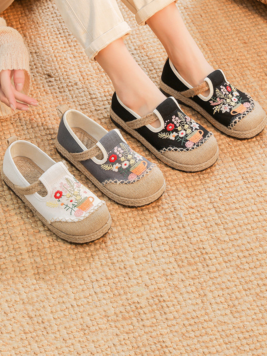 Women Summer Artsy Flower Embroidery Linen Cotton Shoes AT1080