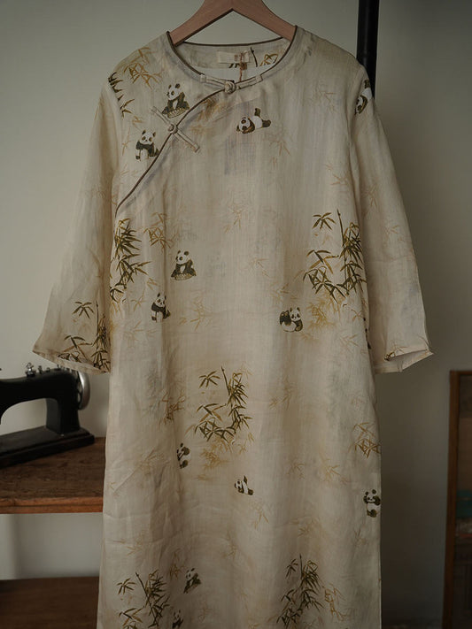 Women Ethnic Summer Bamboo Panda Print Linen Dress XX1055