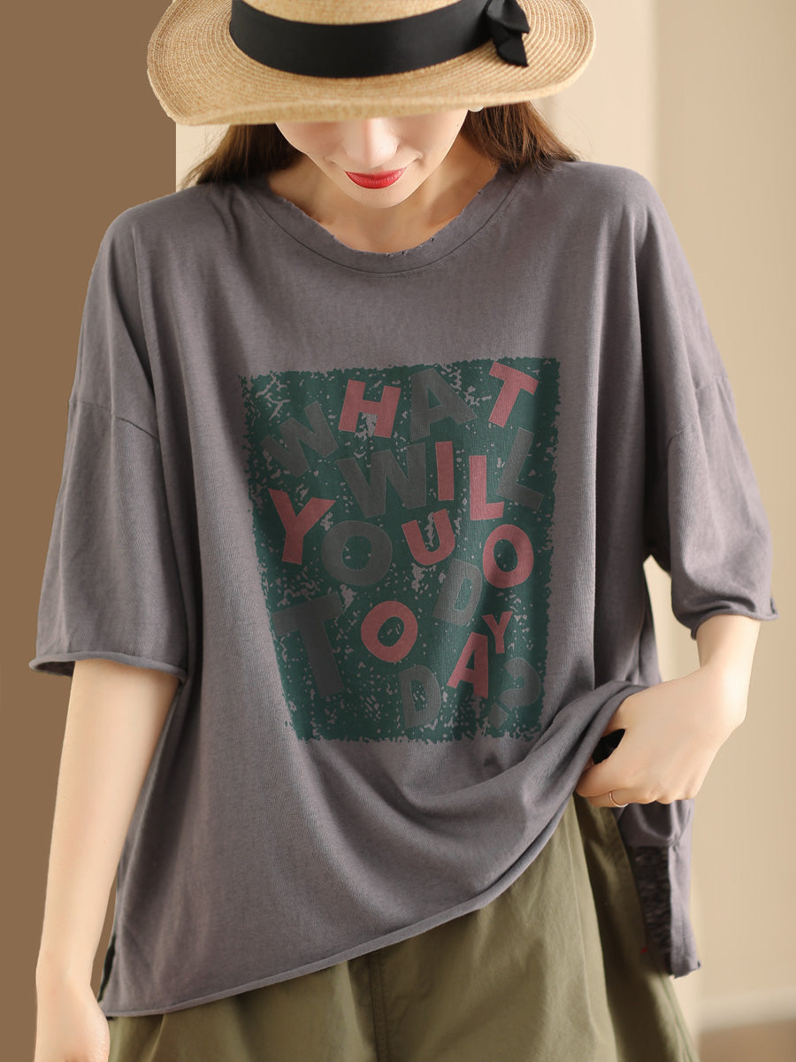 Women Summer Casual Print O-Neck Loose Cotton Shirt ZZ1054