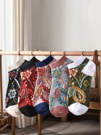 Lot de 5 paires de chaussettes courtes en jacquard fleuri pour femme KL1039