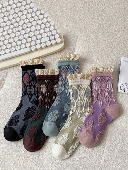 Lot de 5 paires de chaussettes en coton Jacquard à fleurs artistiques pour femmes QM009