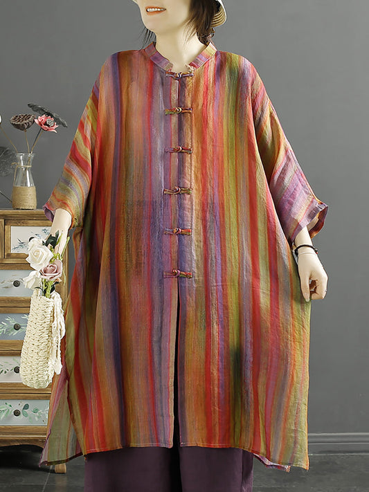 Plus Size Women Summer Stripe Button-up 100%Ramie Shirt Coat KL1032