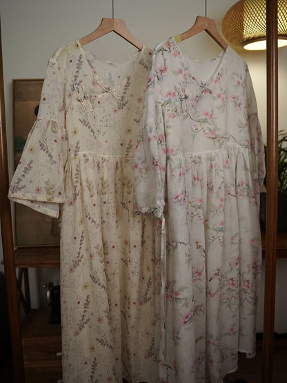 Robe d'été ethnique à fleurs et col en V pour femme en ramie avec boucle TY1007