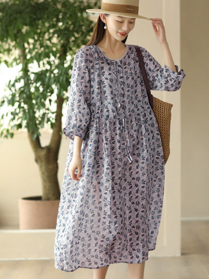 Robe d'été à bretelles et col rond pour femme en ramie à imprimé floral FD010