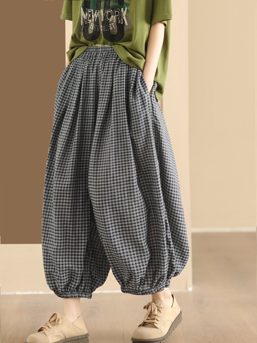 Women Summer Vintage Plaid Cotton Harem Pants ZZ1046