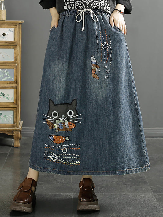 Women Summer Casual Cat Fish Embroidery Denim Skirt KL1008