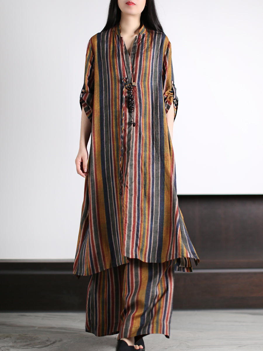 Plus Size Women Vintage Stripe Loose Long Shirt+Pants XX1029