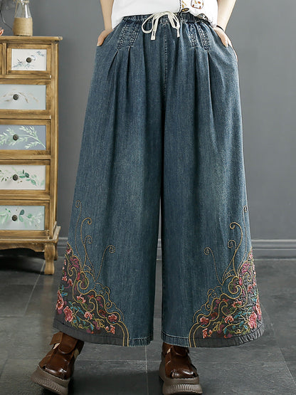 Pantalon en denim à jambe large avec broderie vintage pour femme CO1050