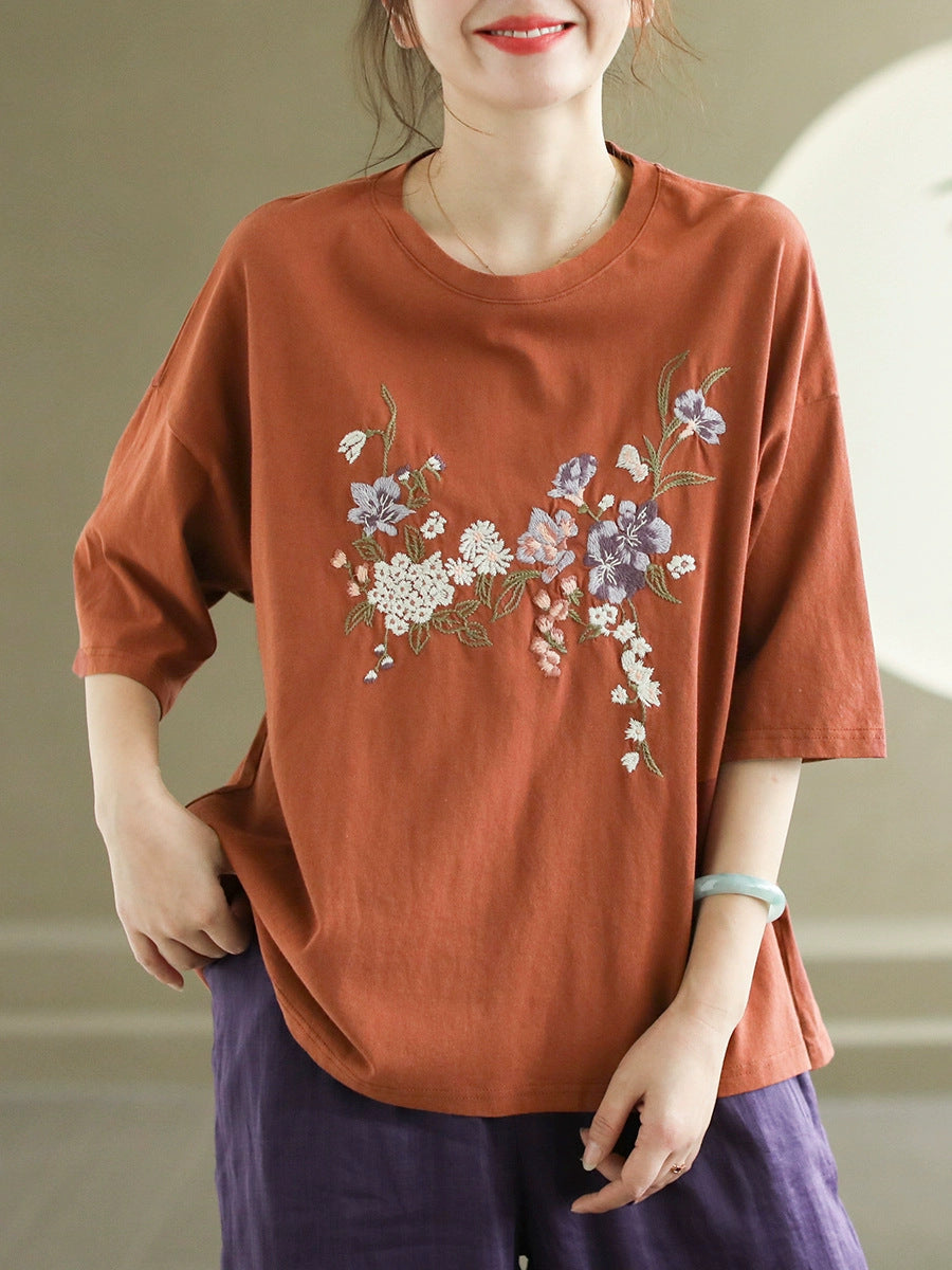 Women Summer Flower Embroidery Cotton O-Neck Shirt AS1007