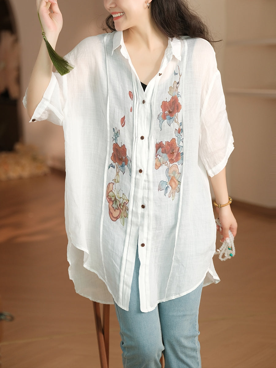 Damen Sommer Artsy Flower Shirred Button-up Ramie Shirt LL041