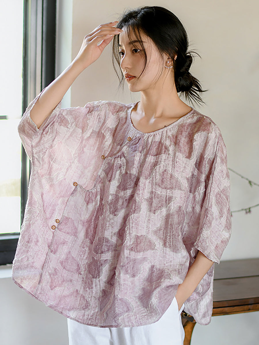 Women Summer Vintage Print O-Neck Button Loose Shirt II1009