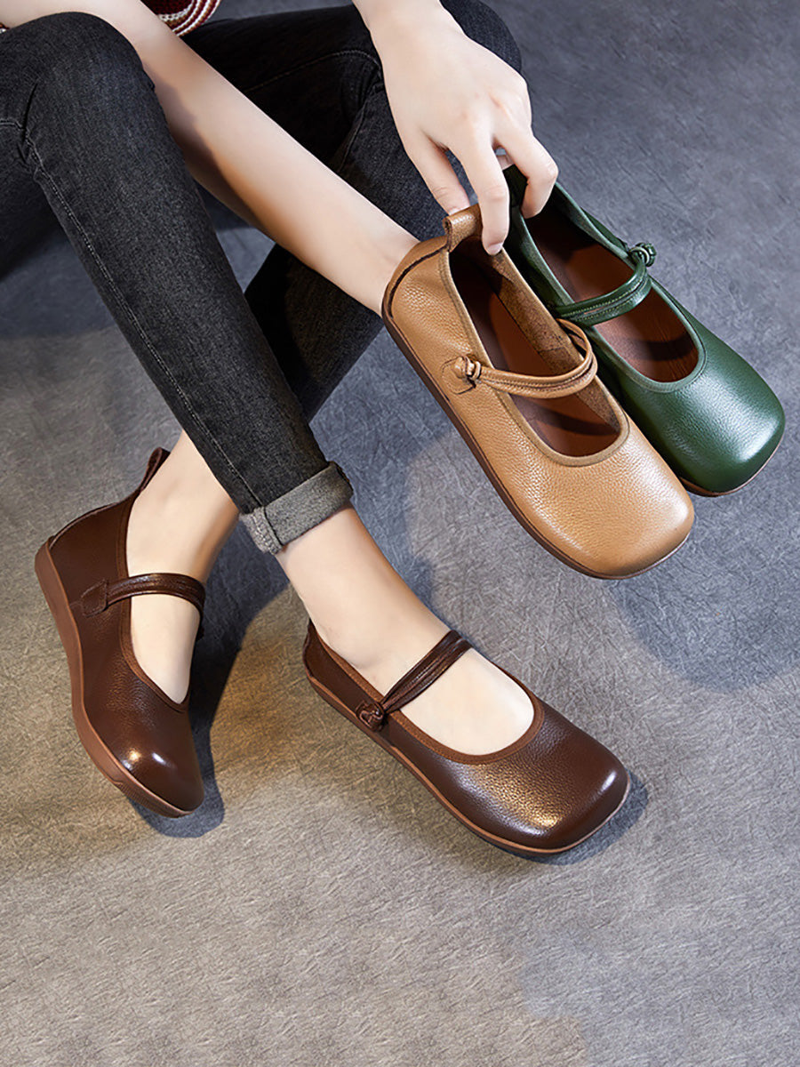 Women Casual Solid Leather Square Toe Flat Shoes AT1040