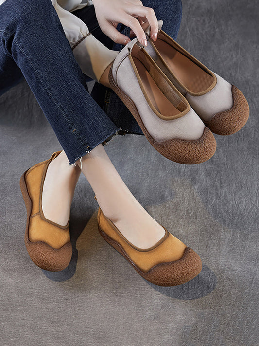 Chaussures plates d'été en cuir véritable pour femmes, colorblock