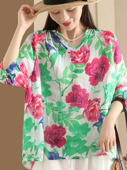 Chemise ample à col en V et fleurs d'été pour femmes OO1035