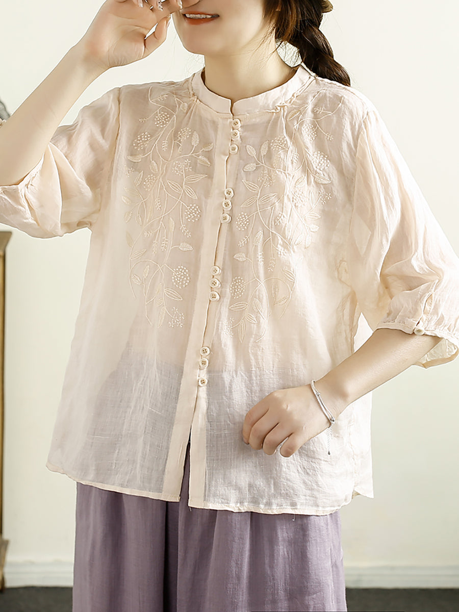 Women Summer Artsy Embroidery Button Ramie Shirt II1043