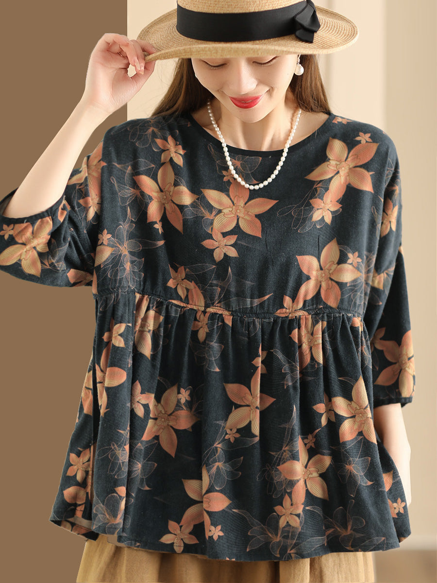 Women Summer Vintage Flower Spliced Loose Shirt XX1047