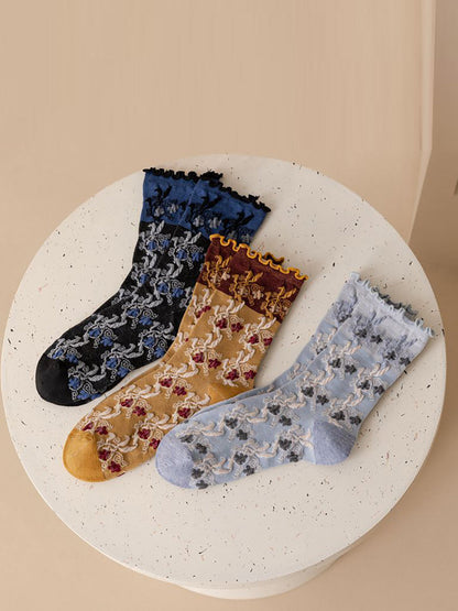 Lot de 3 paires de chaussettes à imprimé floral en jacquard pour femme AH1023