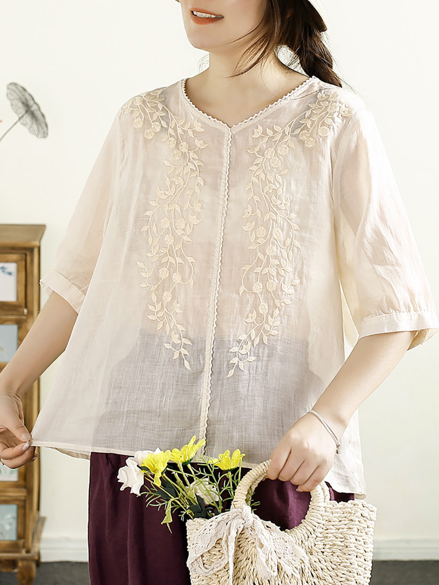 Women Summer Artsy Embroidery V-Neck Ramie Shirt PP1020