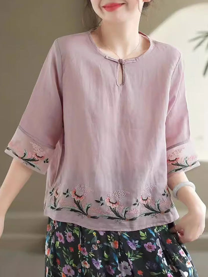 Chemise d'été vintage en ramie avec broderie florale pour femme AS1045